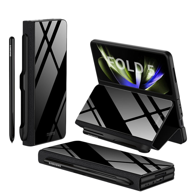 Frendorf | Stoßfeste Rüstungshülle Hülle Glas Abdeckung Ständer Einfügkarte Lederhülle für Samsung Galaxy Z Fold 5/4