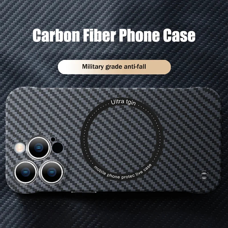 Frendorf | Ultra dünnes Carbonfaser-Magnetgehäuse für iPhone 16 15 ProMax 14 Plus 13 12 11 Pro Max Magsafe Wireless Charging rahmenloses Cover