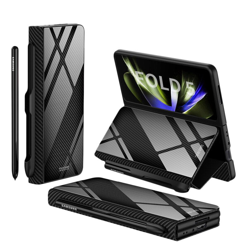 Frendorf | Stoßfeste Rüstungshülle Hülle Glas Abdeckung Ständer Einfügkarte Lederhülle für Samsung Galaxy Z Fold 5/4