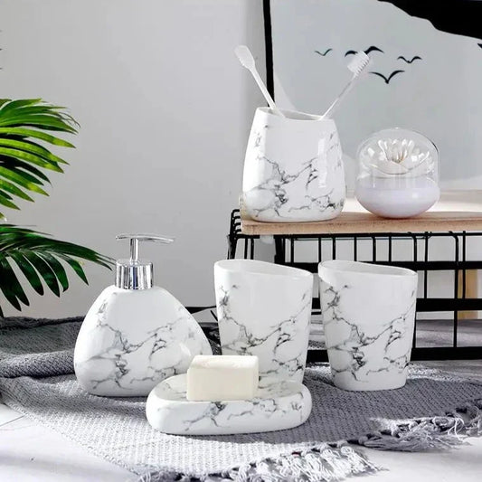 Frendorf | MarmoLuxe Badezimmer-Set 7-teilig | Elegantes Marmor-Design | Luxuriöse & Praktische Badaccessoires