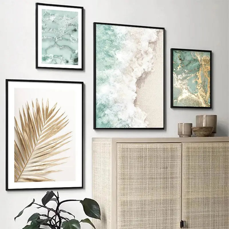 Nordic Abstract Sand Waves Gold Palm Posters Green Marble Line Coral Wall Art Print Canvas Painting Pictures Living Room Decor