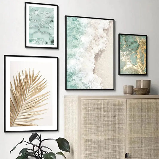 Nordic Abstract Sand Waves Gold Palm Posters Green Marble Line Coral Wall Art Print Canvas Painting Pictures Living Room Decor