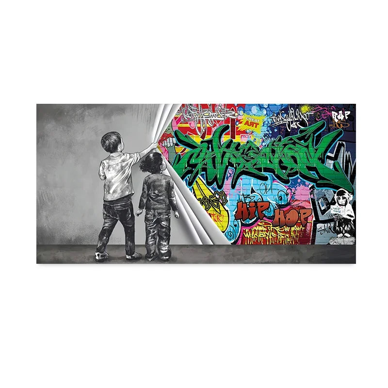 Nordic Minimalist Wall Art Bank Graffiti Funny Two Kids HD Canvas Poster Print Home Bedroom Living Room Decoration Gifts