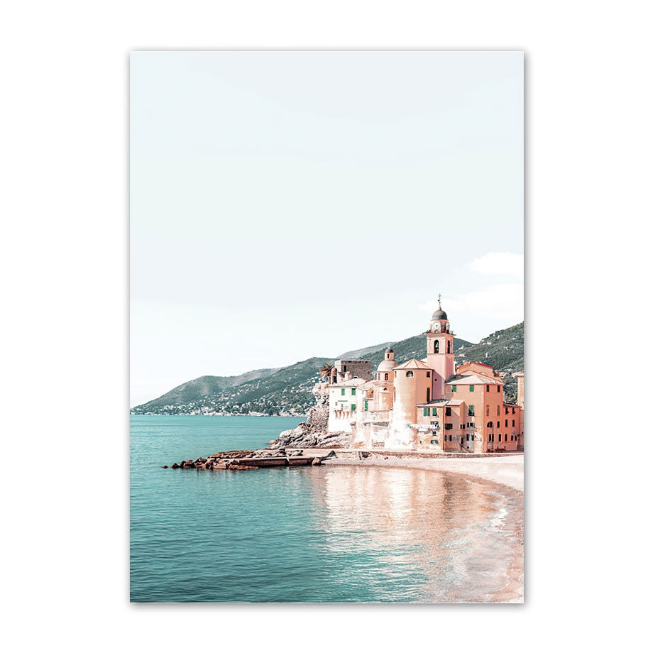 Venice Amalfi Küstenstadt Wasserfall Leinwandposter | Nordisches Schlafzimmer Wandkunst für Wohnzimmer Wohnkultur