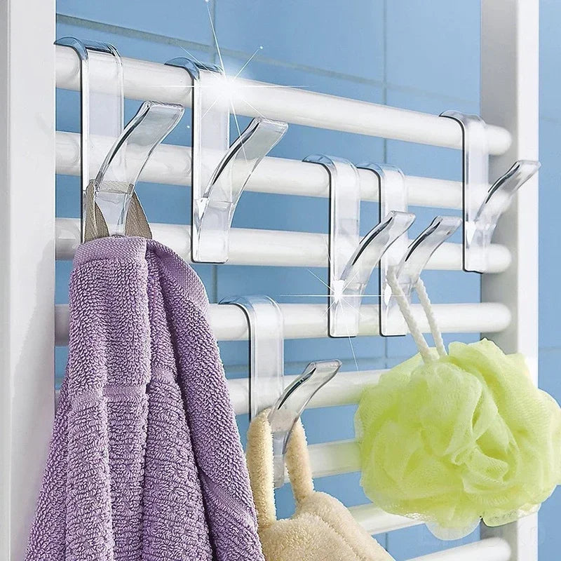 Vielseitige Küchen- & Badezimmerhaken Clips Stauraumregal - Weißer klarer Haken für Handtuchheizkörper, Kleidung, Schals, Haken und mehr