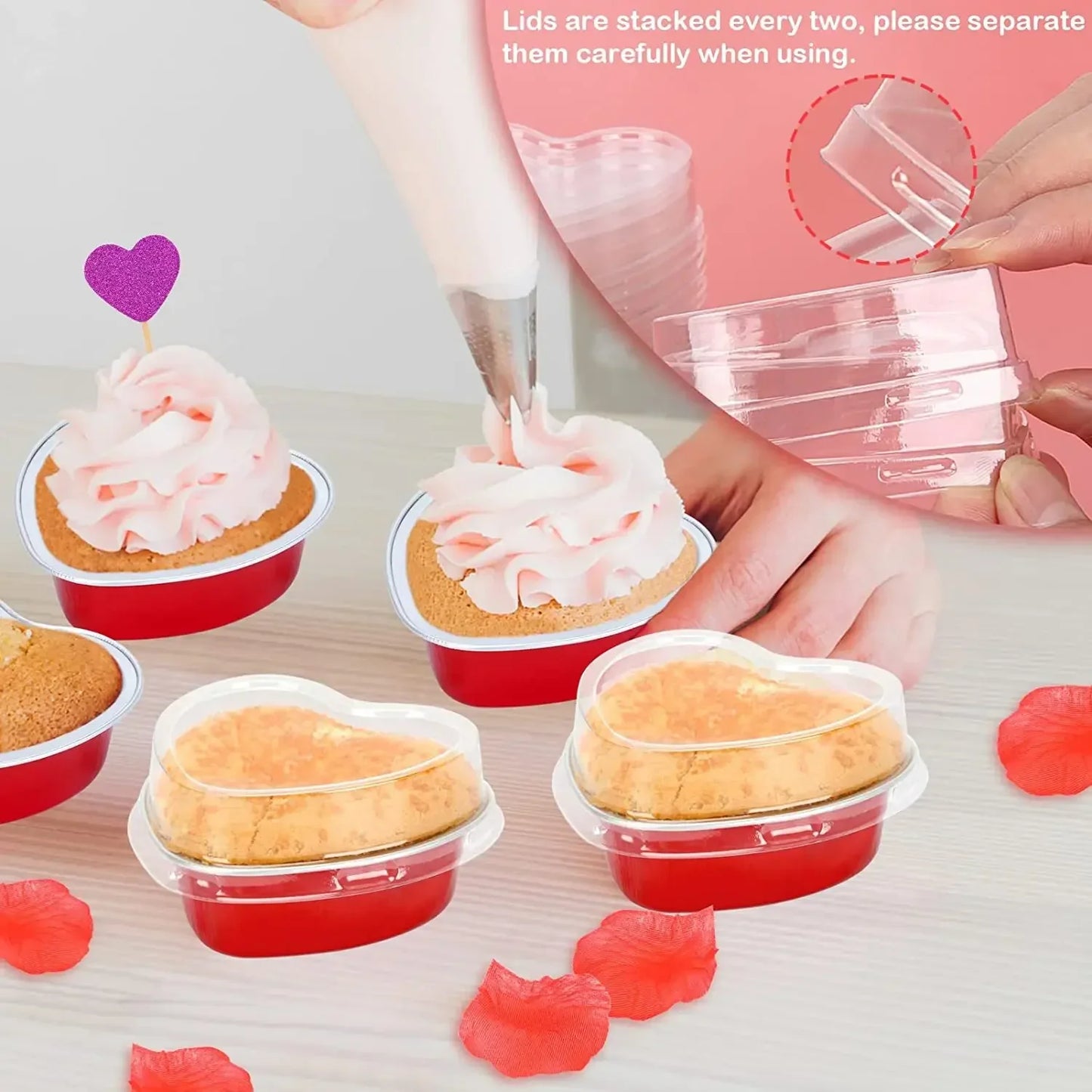 50 Stück 100 ml Aluminium Puddingbecher aus Alufolie mit Deckel - Herzförmige Einweg Mini Mousse Cupcake Behälter Backformen