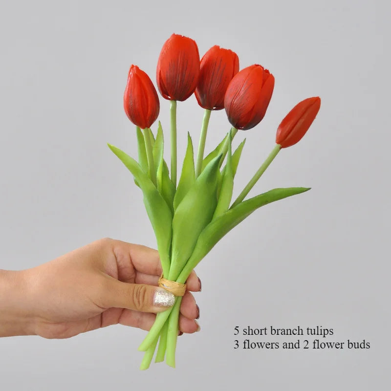 Frendorf | 5 kurze Pole Tulpen Kunstblumen – weiche Gummi-Seiden-Tulpen für Wohnkultur, Hochzeiten und Fotografie-Requisiten