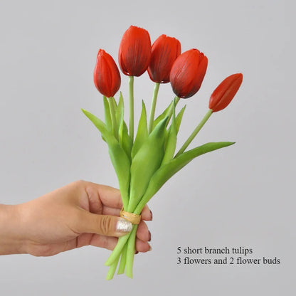 Frendorf | 5 kurze Pole Tulpen Kunstblumen – weiche Gummi-Seiden-Tulpen für Wohnkultur, Hochzeiten und Fotografie-Requisiten