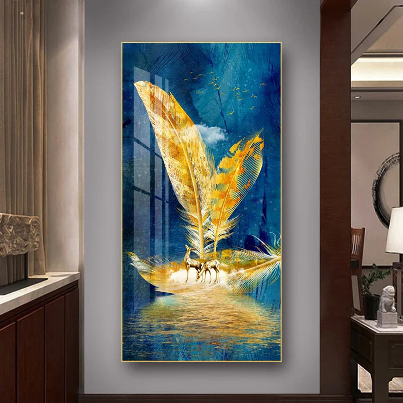 Nordic Abstract Feather Golden Yellow Deer Poster