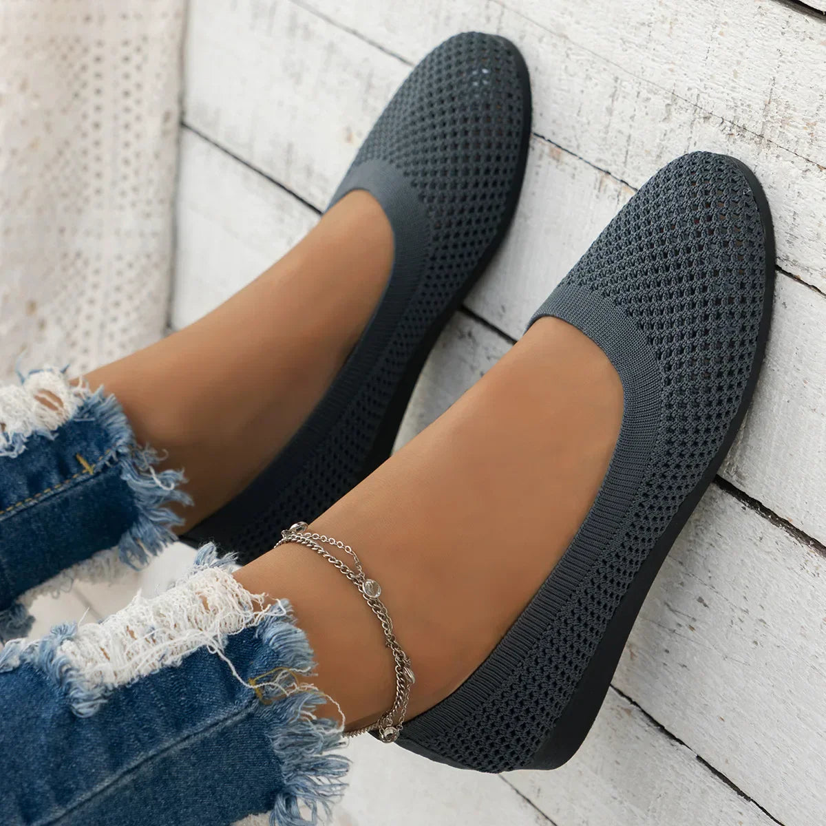 Frendorf | Frauen Rundzehen-Flachschuhe Einfarbige Strickslippers Legere Atmungsaktive Ballerinas Frauen Flachschuhe Loafers Frauen