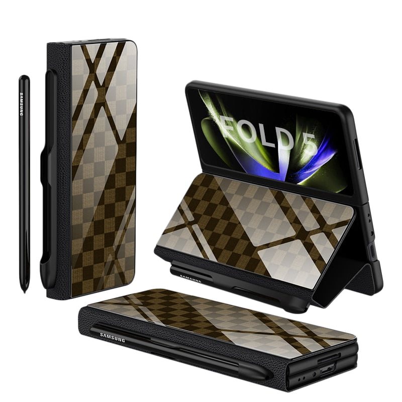 Frendorf | Stoßfeste Rüstungshülle Hülle Glas Abdeckung Ständer Einfügkarte Lederhülle für Samsung Galaxy Z Fold 5/4