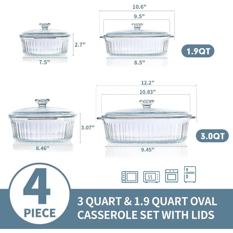 4-teilige Glas-Auflaufform, Set mit 2 Auflaufformen mit Glasdeckeln, 1,9 Qt und 3 Qt