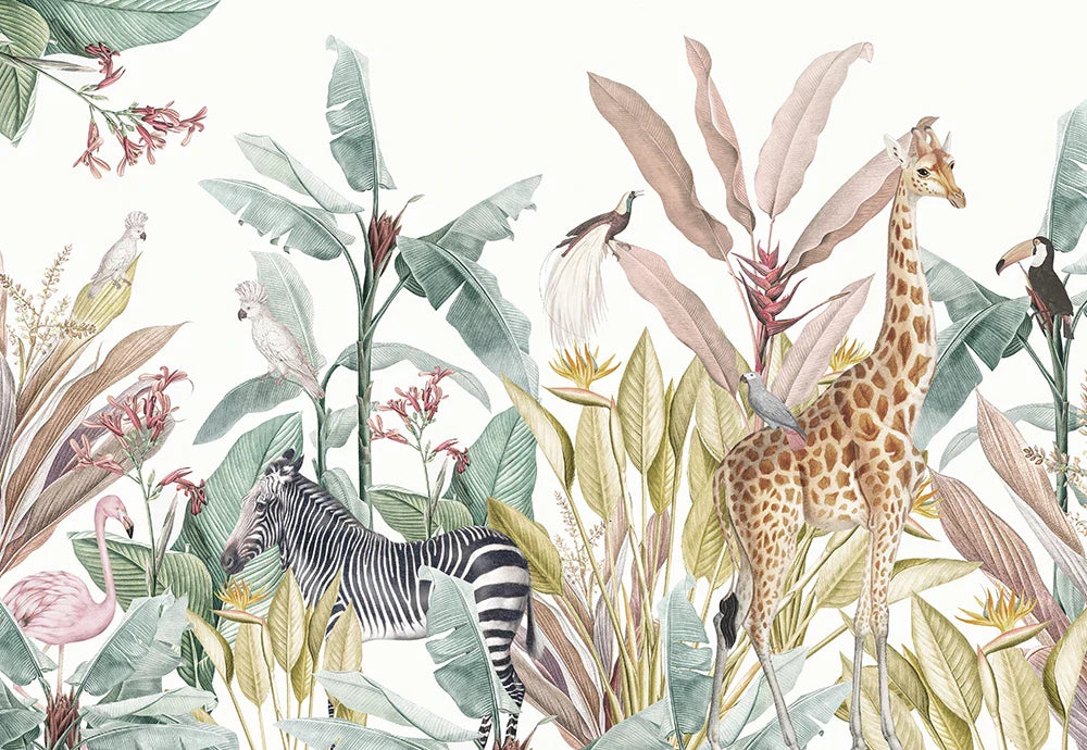 Frendorf | Giraffen und Zebras Safari Blätter Tapete Wandbild