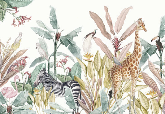 Frendorf | Giraffen und Zebras Safari Blätter Tapete Wandbild