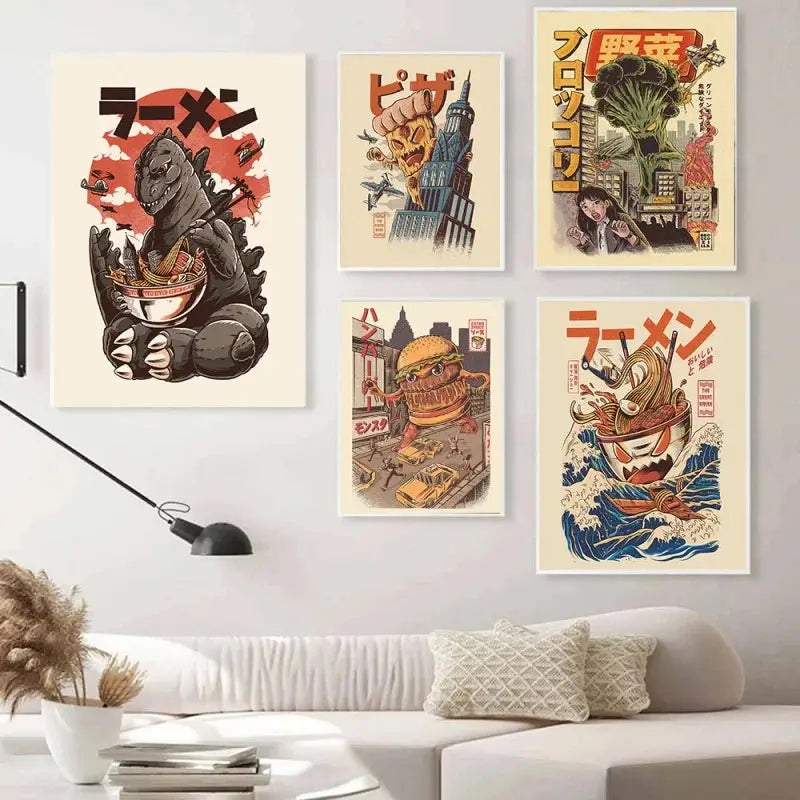 Japanische Lebensmittel Nudeln Moderne Küche Poster Dekoration Getränke Ramen Cartoon Leinwandmalerei Retro Bar Wandkunst Druck Bilder