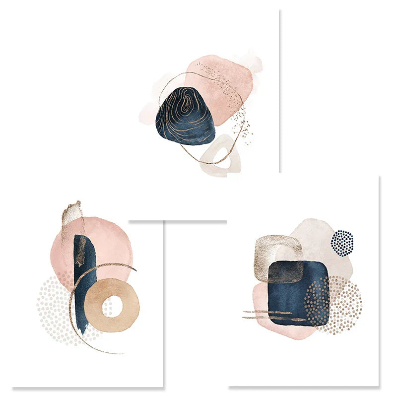 Frendorf | BohoBlush Aquarell Poster | Abstrakter Leinwanddruck in Beige, Rosa & Gold | Geometrische Wandkunst für Wohnzimmer & Dekoration