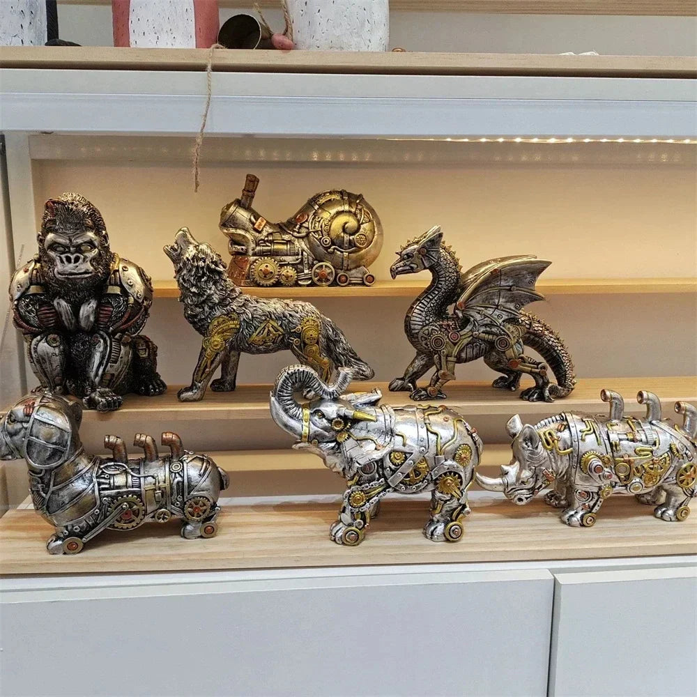 Frendorf | GearMorph Steampunk Tierfigur aus Harz | Industriestil Tischdeko | Mechanischer Drache, Elefant & Schnecke | Kunstvolle Deko für Zuhause