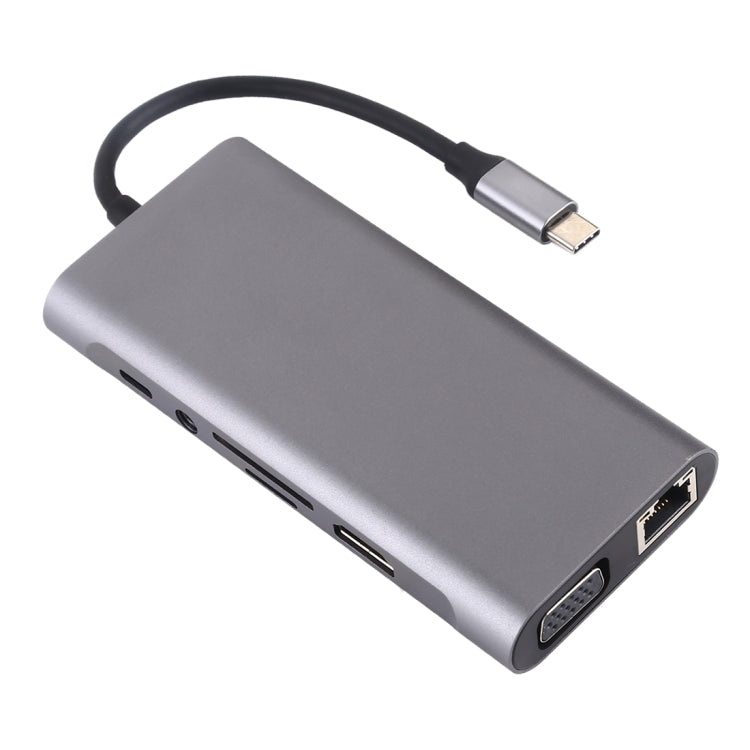 Frendorf | 11 in 1 VGA + LAN Port + 4 x USB 3.0 + SD / TF Karte + HDMI + Audio Port + USB-C / Type-C Weiblich zu USB-C / Type-C HUB Adapter (Dunkelgrau)