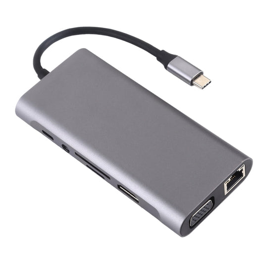 Frendorf | 11 in 1 VGA + LAN Port + 4 x USB 3.0 + SD / TF Karte + HDMI + Audio Port + USB-C / Type-C Weiblich zu USB-C / Type-C HUB Adapter (Dunkelgrau)