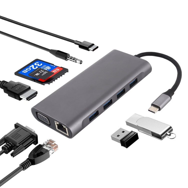 Frendorf | 11 in 1 VGA + LAN Port + 4 x USB 3.0 + SD / TF Karte + HDMI + Audio Port + USB-C / Type-C Weiblich zu USB-C / Type-C HUB Adapter (Dunkelgrau)