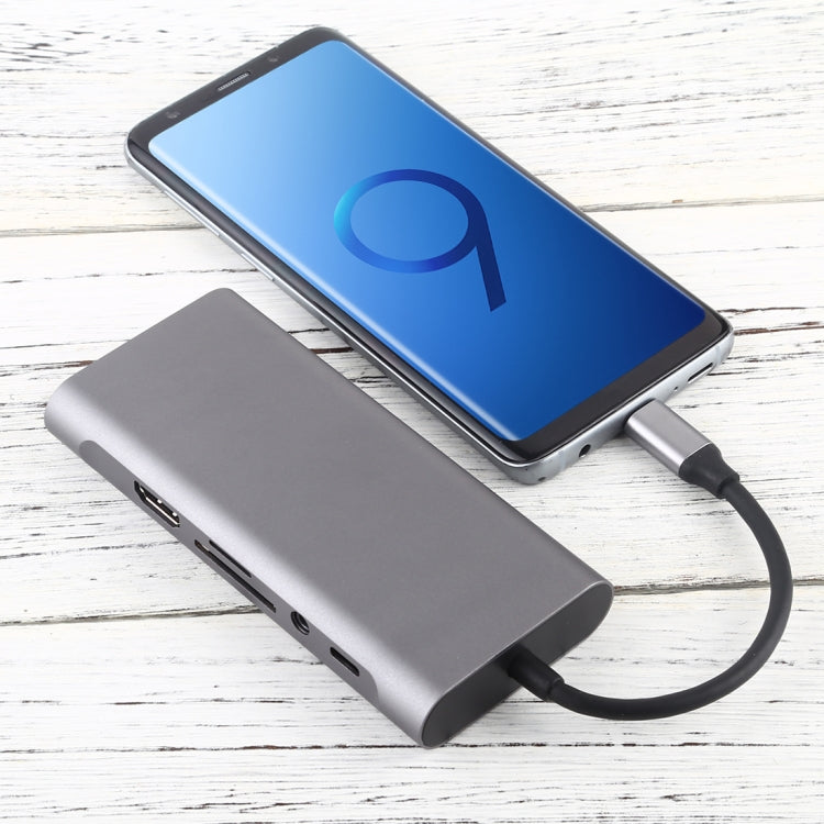Frendorf | 11 in 1 VGA + LAN Port + 4 x USB 3.0 + SD / TF Karte + HDMI + Audio Port + USB-C / Type-C Weiblich zu USB-C / Type-C HUB Adapter (Dunkelgrau)