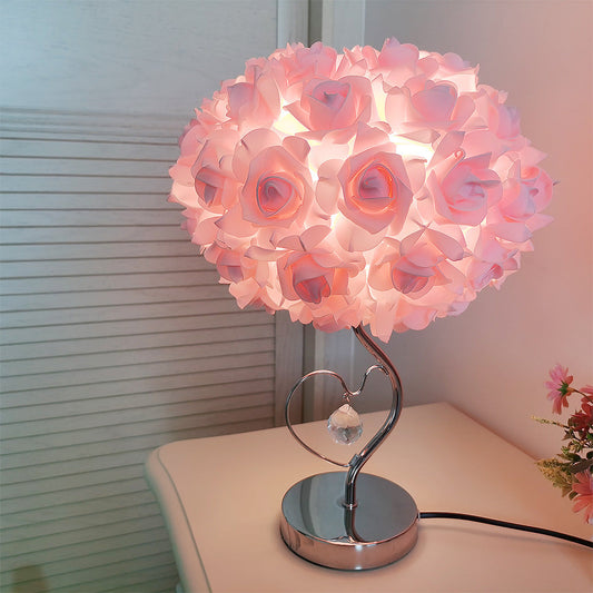 Frendorf | Roseva Art Deco Tischlampe | Stoff-Rosenschirm | Elegante Beleuchtung | Schlafzimmer Dekoration