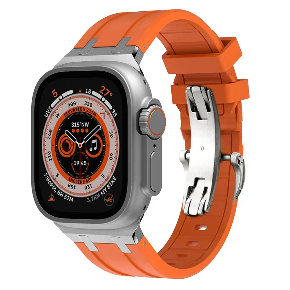 Frendorf | Luxus AP Metallkopf Schmetterlingsverschluss Silikonarmband für Apple Watch