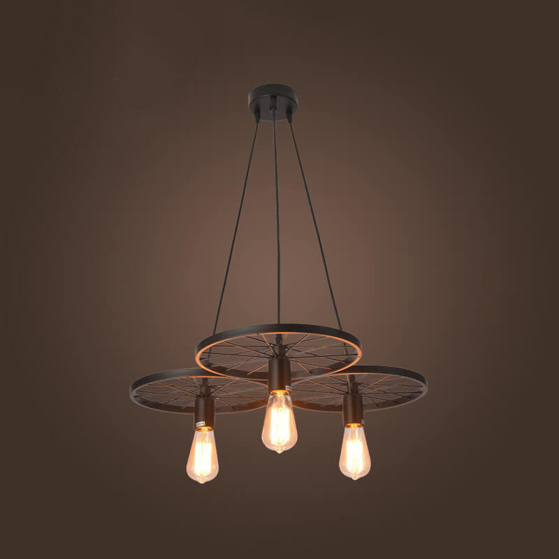 Frendorf | Rustiron Kronleuchter | Industrielles Design mit Eisenrädern | 1/3/6-flammig | Loft- und Wohnraum-Beleuchtung