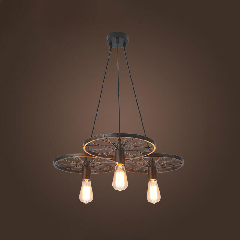 Frendorf | Rustiron Kronleuchter | Industrielles Design mit Eisenrädern | 1/3/6-flammig | Loft- und Wohnraum-Beleuchtung