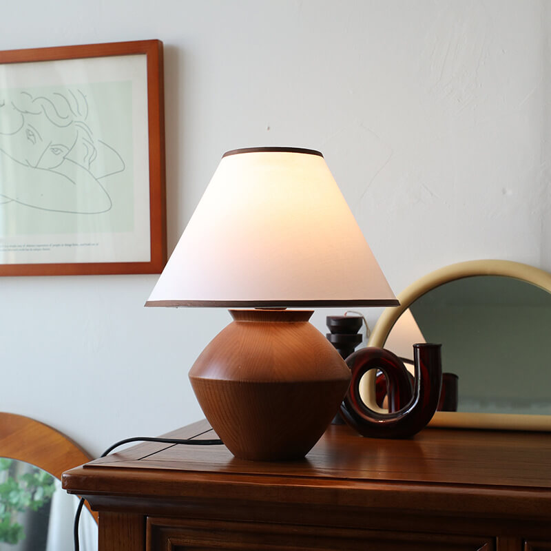 Frendorf | ZenSphere Japanische Vintage Tischlampe | Massivholz & Stoffschirm | Wabi-Sabi Design | 1-flammig | Deko für Zuhause