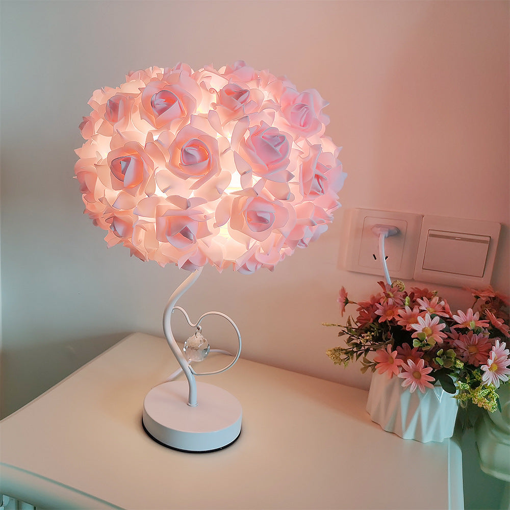 Frendorf | Roseva Art Deco Tischlampe | Stoff-Rosenschirm | Elegante Beleuchtung | Schlafzimmer Dekoration