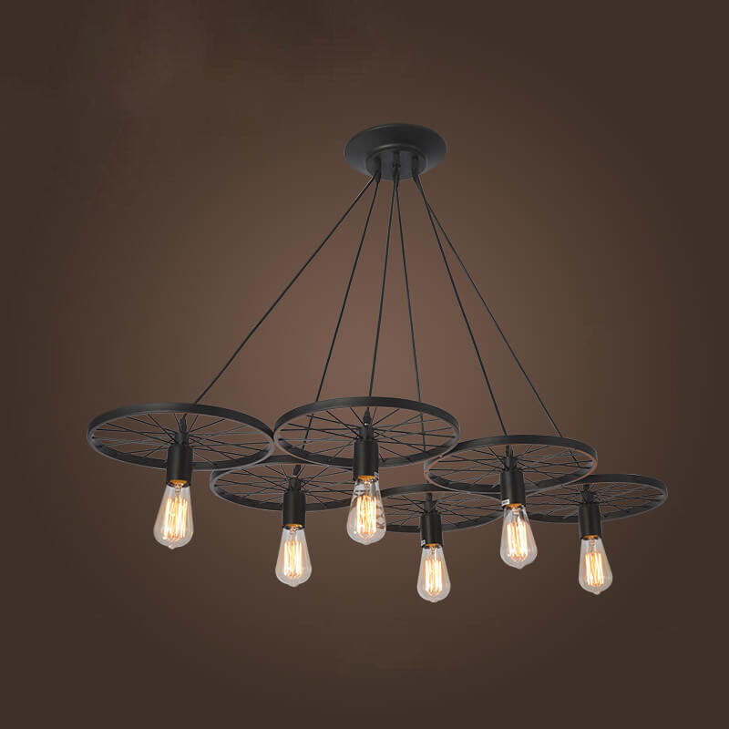 Frendorf | Rustiron Kronleuchter | Industrielles Design mit Eisenrädern | 1/3/6-flammig | Loft- und Wohnraum-Beleuchtung