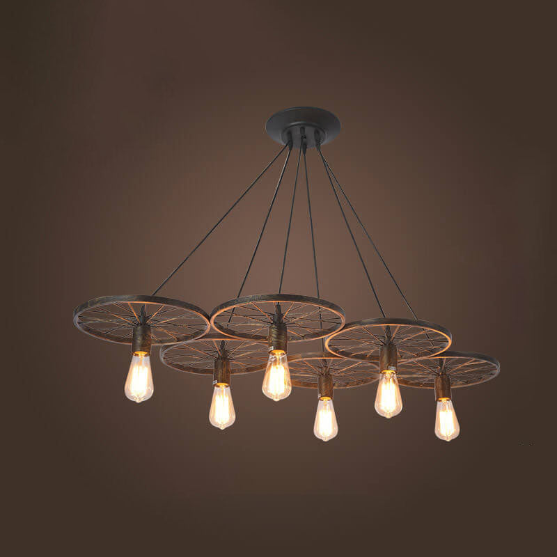 Frendorf | Rustiron Kronleuchter | Industrielles Design mit Eisenrädern | 1/3/6-flammig | Loft- und Wohnraum-Beleuchtung