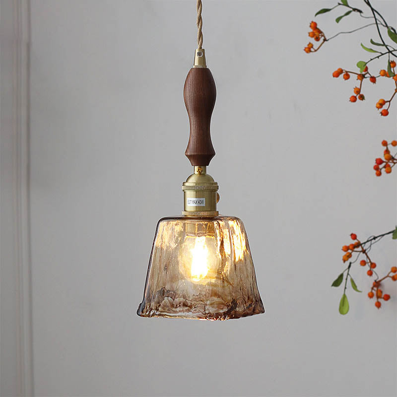 Frendorf | Auralina Pendelleuchte | Modernes Design | Bernstein-Glas | Walnussgriff | LED-Beleuchtung für Wohnzimmer