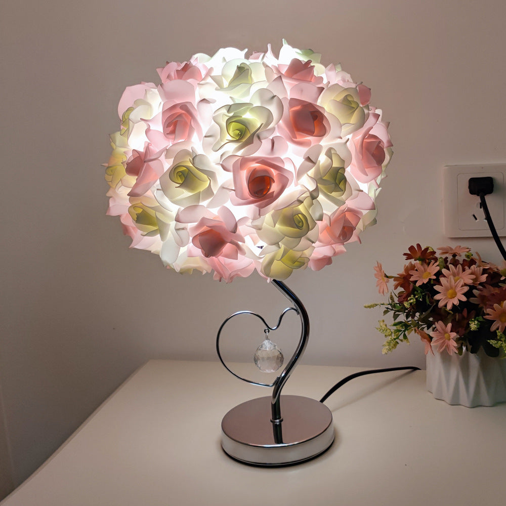 Frendorf | Roseva Art Deco Tischlampe | Stoff-Rosenschirm | Elegante Beleuchtung | Schlafzimmer Dekoration