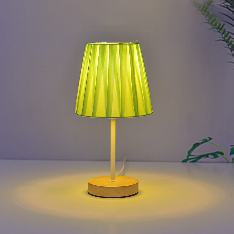 Nordic Vintage Stoffkonus Massivholz LED Tischlampe