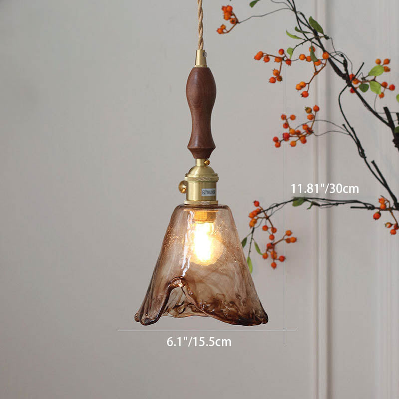 Frendorf | Auralina Pendelleuchte | Modernes Design | Bernstein-Glas | Walnussgriff | LED-Beleuchtung für Wohnzimmer
