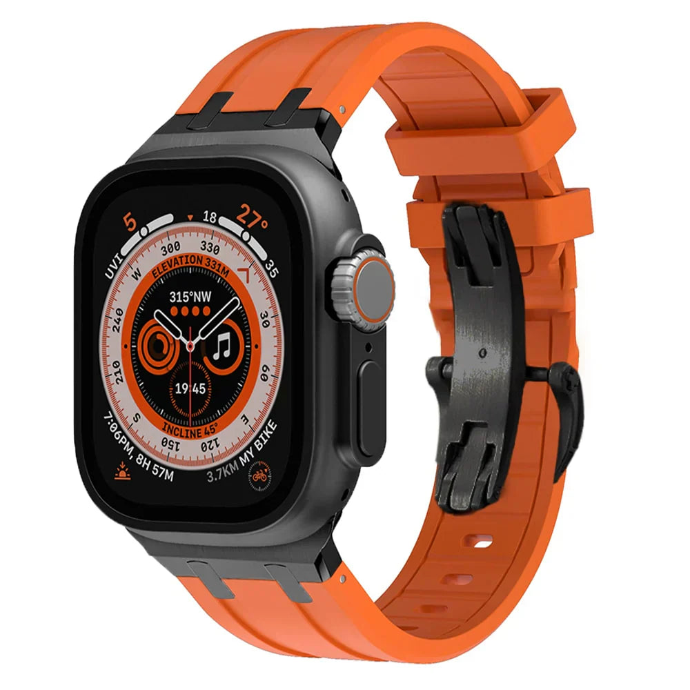 Frendorf | Luxus AP Metallkopf Schmetterlingsverschluss Silikonarmband für Apple Watch