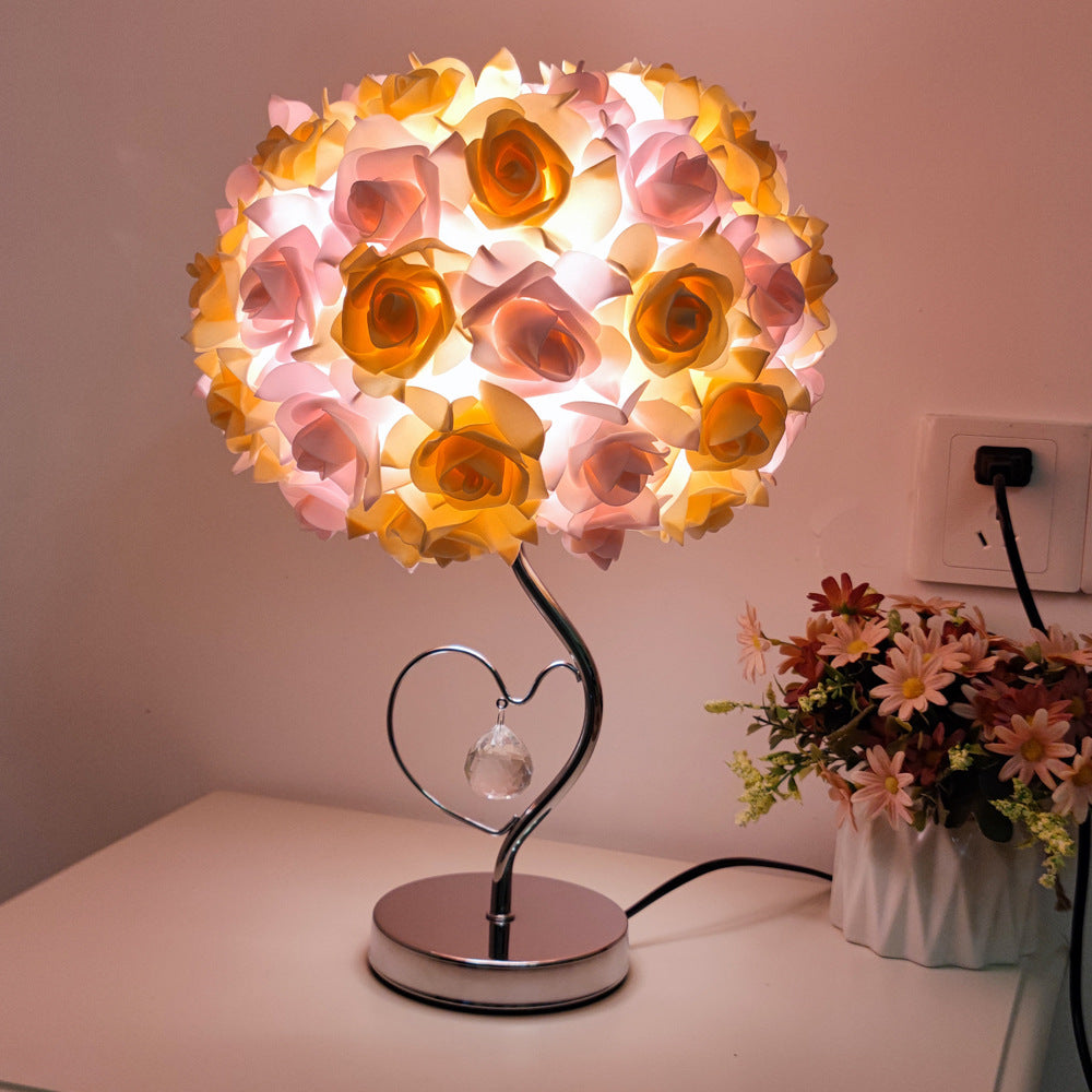 Frendorf | Roseva Art Deco Tischlampe | Stoff-Rosenschirm | Elegante Beleuchtung | Schlafzimmer Dekoration