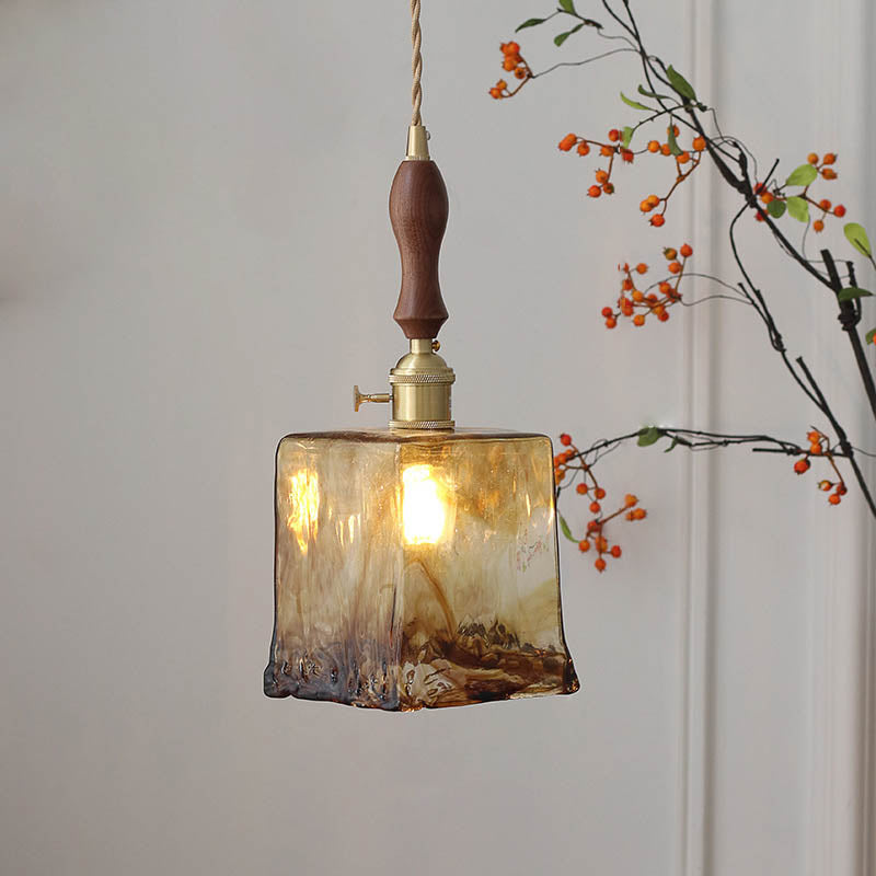Frendorf | Auralina Pendelleuchte | Modernes Design | Bernstein-Glas | Walnussgriff | LED-Beleuchtung für Wohnzimmer