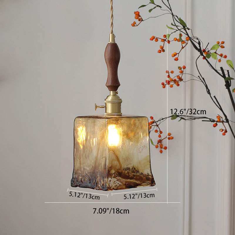 Frendorf | Auralina Pendelleuchte | Modernes Design | Bernstein-Glas | Walnussgriff | LED-Beleuchtung für Wohnzimmer