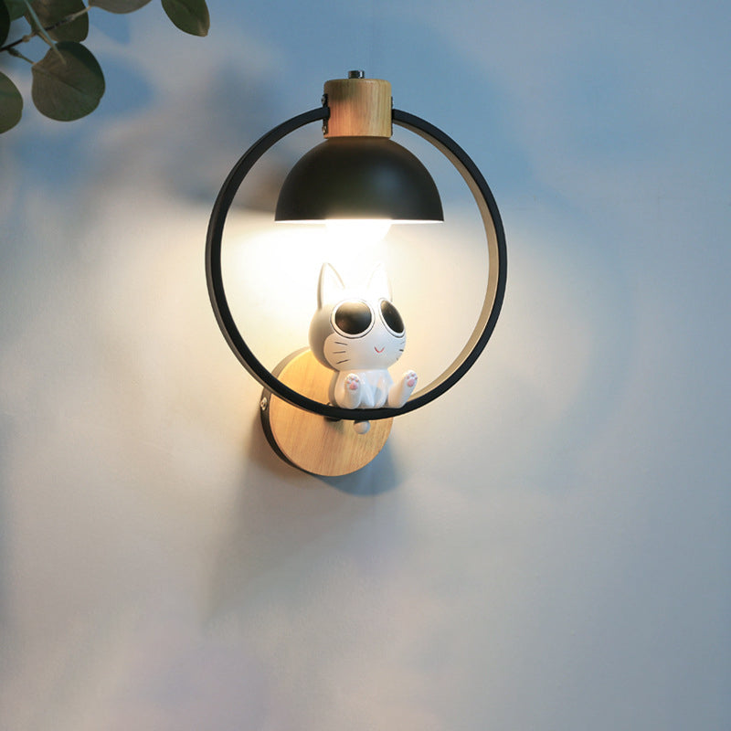 Frendorf | MeowBright Cartoon Katzen-Wandleuchte | Nordisches Design | Holz & Eisen | Stimmungsvolles Licht für Schlafzimmer