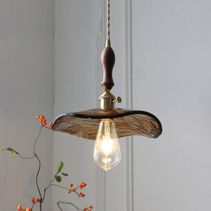 Frendorf | Auralina Pendelleuchte | Modernes Design | Bernstein-Glas | Walnussgriff | LED-Beleuchtung für Wohnzimmer