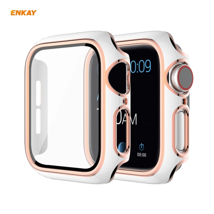 Frendorf | ENKAY Hat-Prince Vollschutz elektroplattierter PC-Hülle + gehärteter Glas-Schutz für Apple Watch Series 6 / 5 / 4 / SE 40mm (Weiß+Champagner)