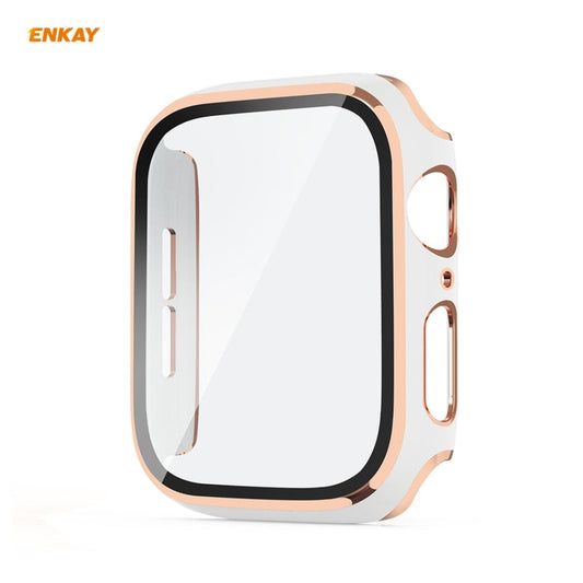 Frendorf | ENKAY Hat-Prince Vollschutz elektroplattierter PC-Hülle + gehärteter Glas-Schutz für Apple Watch Series 6 / 5 / 4 / SE 40mm (Weiß+Champagner)