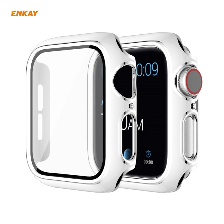 Frendorf | ENKAY Hat-Prince Vollschutz elektroplattierter PC-Gehäuse + gehärteter Glasschutz für die Apple Watch Series 6 / 5 / 4 / SE 40mm (Weiß + Silber)