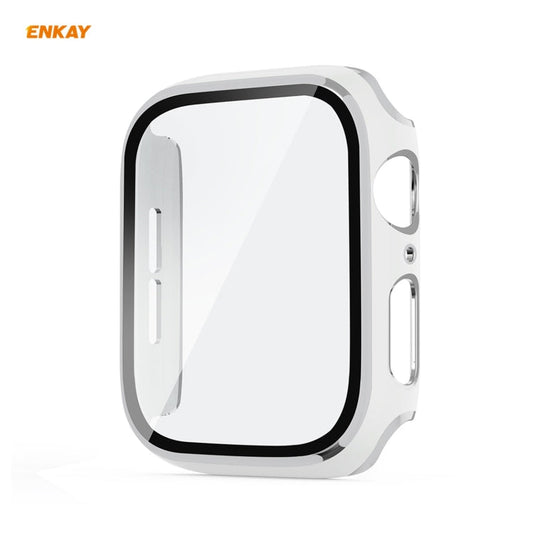 Frendorf | ENKAY Hat-Prince Vollschutz elektroplattierter PC-Gehäuse + gehärteter Glasschutz für die Apple Watch Series 6 / 5 / 4 / SE 40mm (Weiß + Silber)