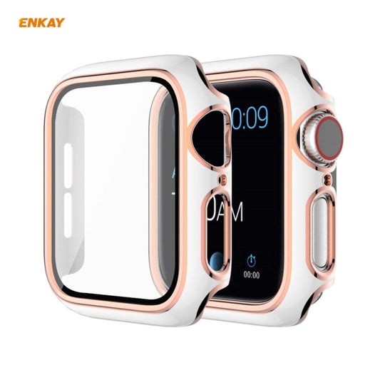 Frendorf | ENKAY Hat-Prince Vollschutz elektroplattierte PC-Hülle + gehärteter Glas-Schutz für Apple Watch Series 6 / 5 / 4 / SE 44mm (Weiß + Champagner)
