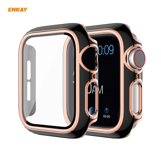 Frendorf | ENKAY Hat-Prince Vollschutz elektroplattierte PC-Hülle + gehärteter Glas-Schutz für Apple Watch Series 6 / 5 / 4 / SE 44mm (Schwarz+Champagner)