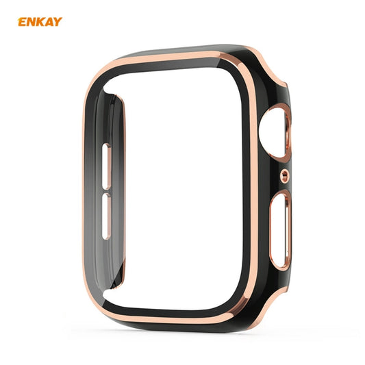 Frendorf | ENKAY Hat-Prince Vollschutz elektroplattierte PC-Hülle + gehärteter Glas-Schutz für Apple Watch Series 6 / 5 / 4 / SE 44mm (Schwarz+Champagner)